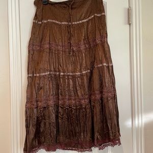 Peasant skirt, silky material, brown, size medium, lace trim